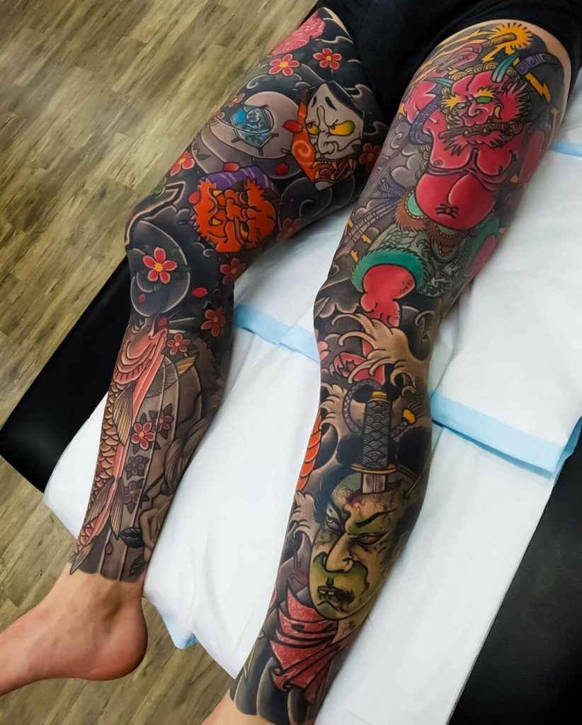 Wrapped all the away around! These Japanese calf sleeve tattoos