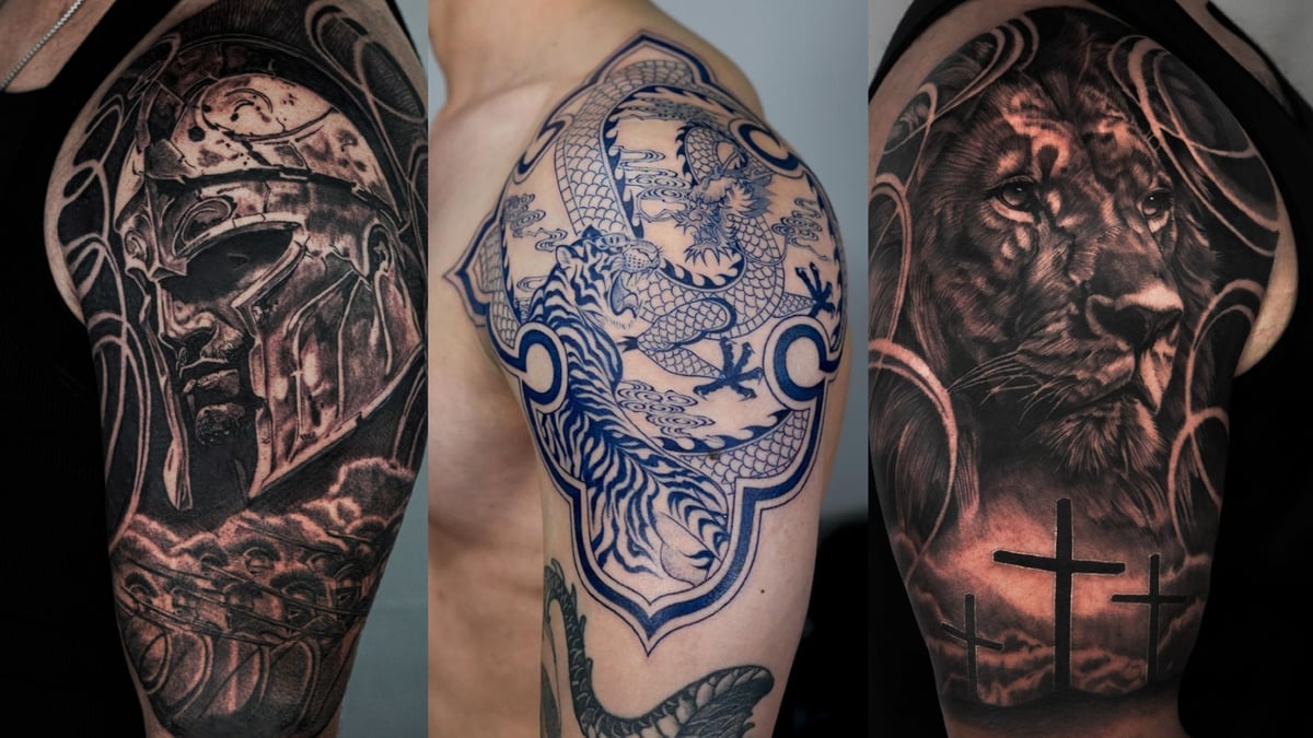 Awesome robot style armor, full sleeve tattoo on guy's arm.