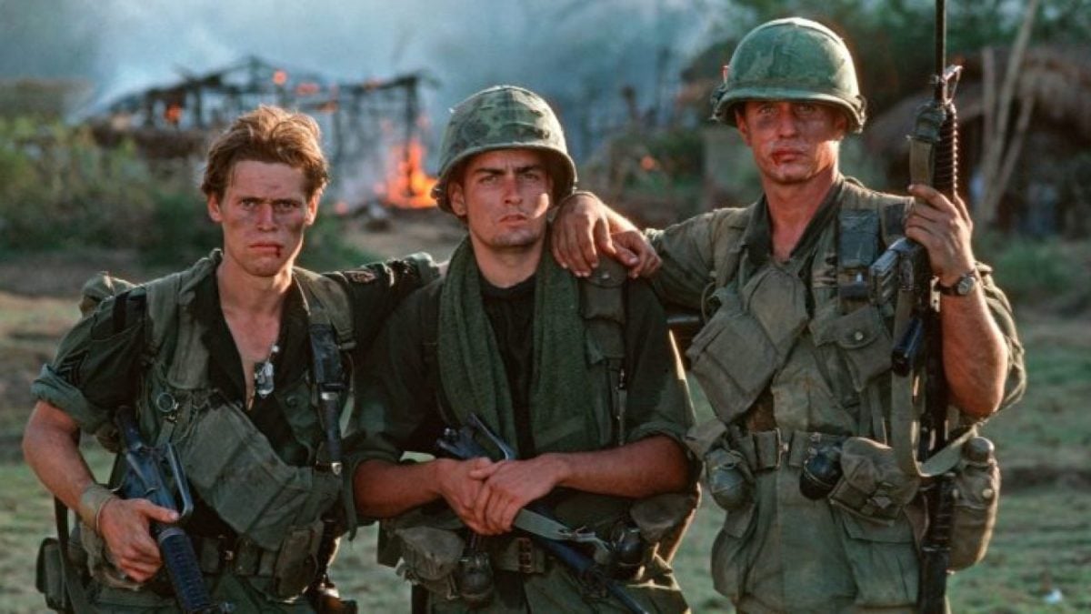 Platoon is a classic war film starring William Dafoe, Johnny Depp and Charlie Sheen.